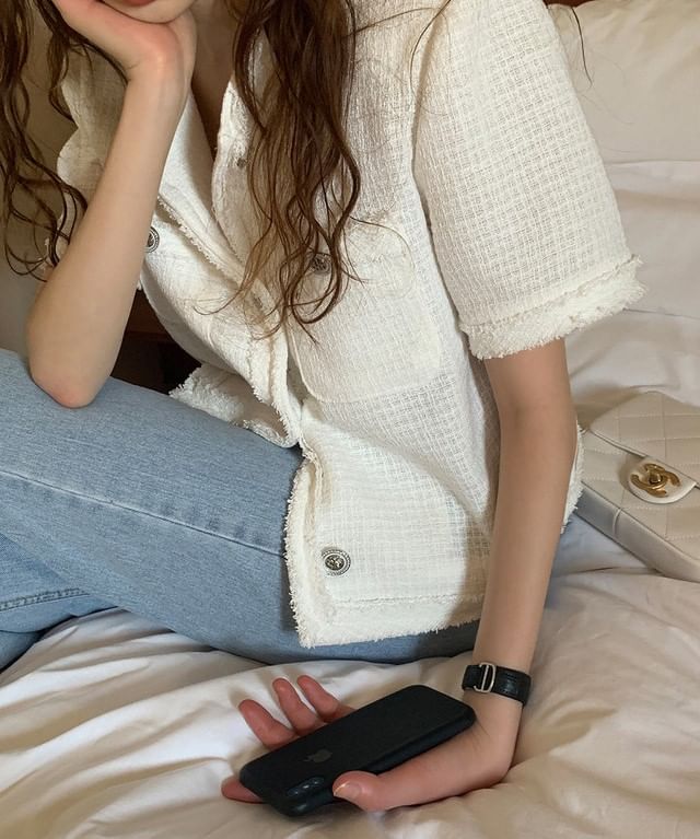 Short-Sleeve Tweed Tassel Trim Button-Up Jacket