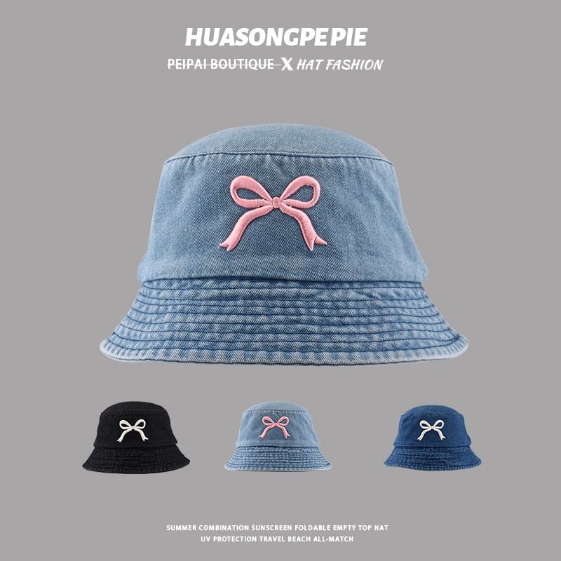 Embroidered Bow Bucket Hat Denim