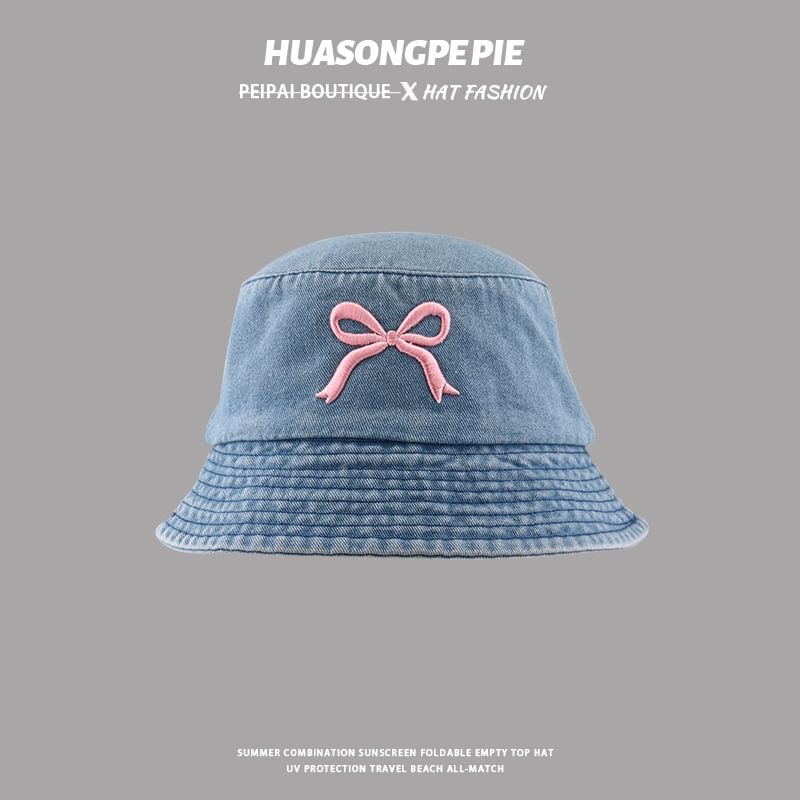 Embroidered Bow Bucket Hat Denim