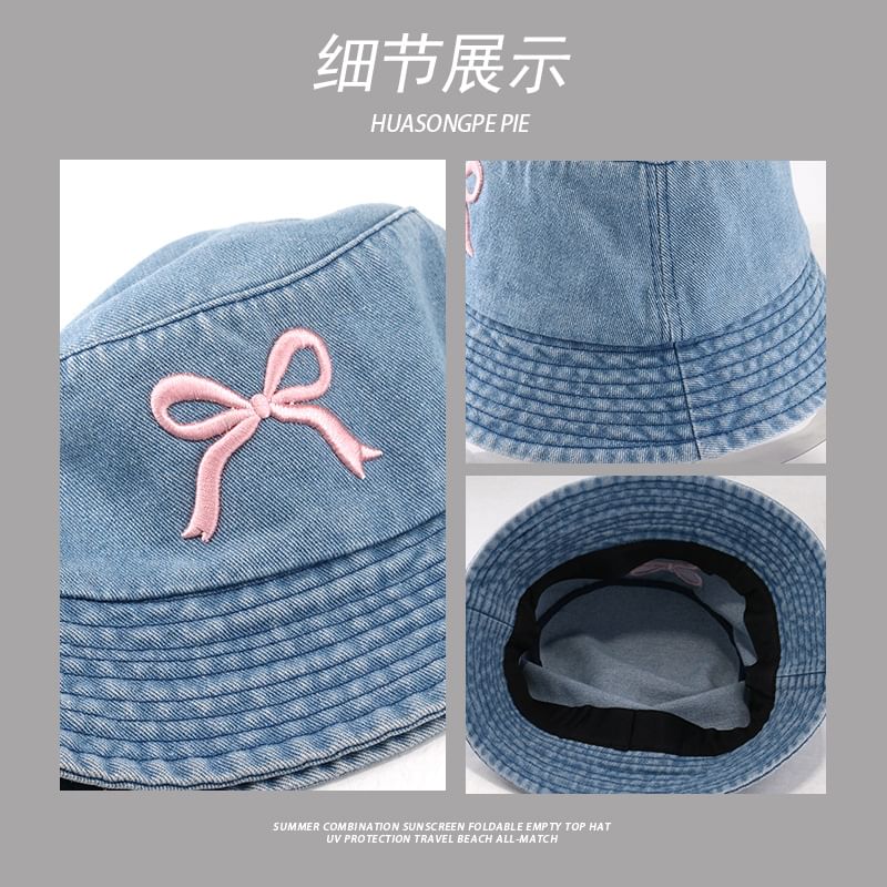 Embroidered Bow Bucket Hat Denim