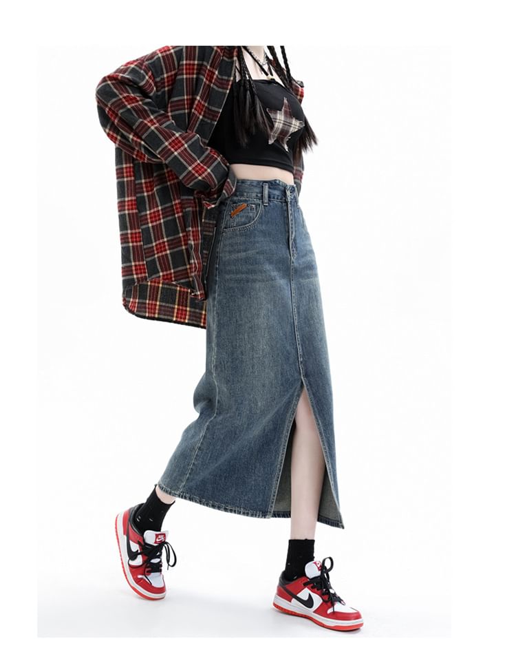 Midi Pencil Denim High Washed Rise Slit Skirt