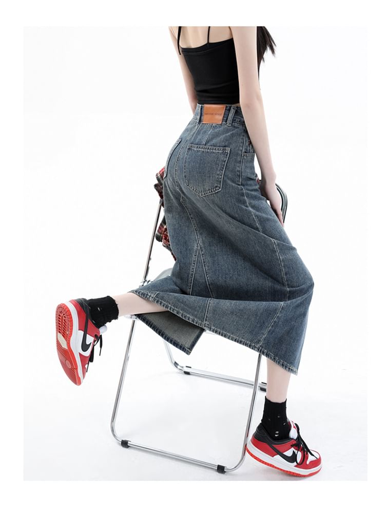 Midi Pencil Denim High Washed Rise Slit Skirt