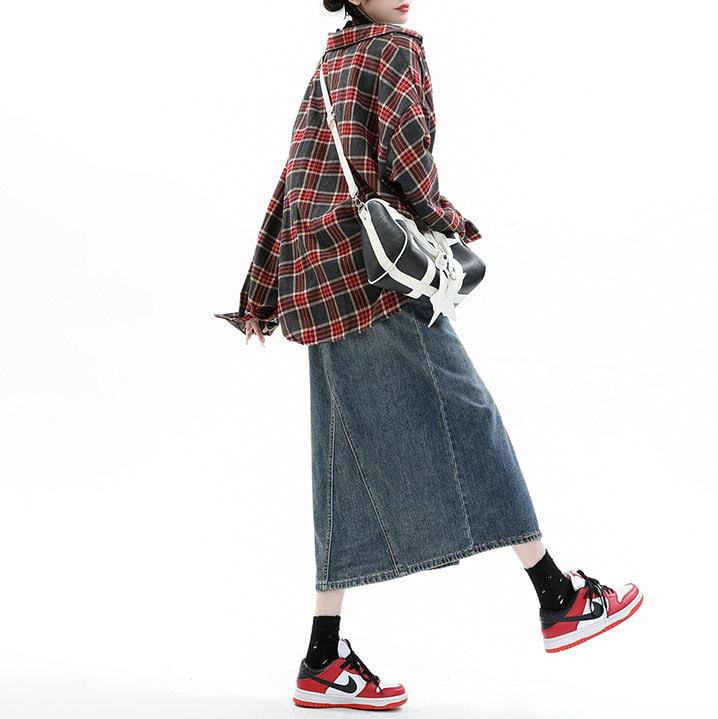 Midi Pencil Denim High Washed Rise Slit Skirt