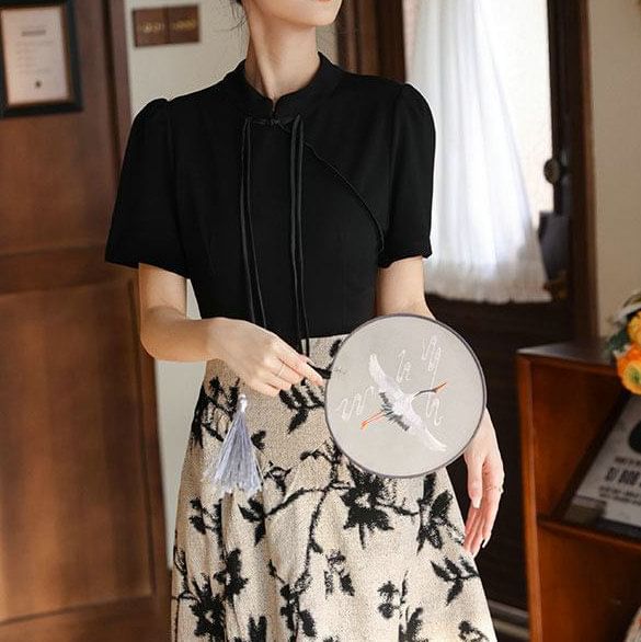 Midi Floral A-Line Panel Dress Collar Short-Sleeve Mandarin