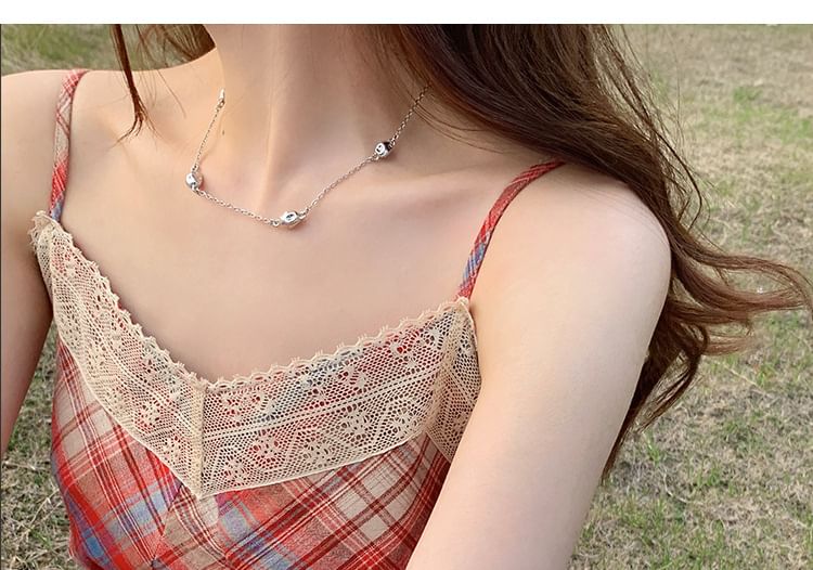 A-Line Dress Plaid Lace Midi Strap Trim Spaghetti