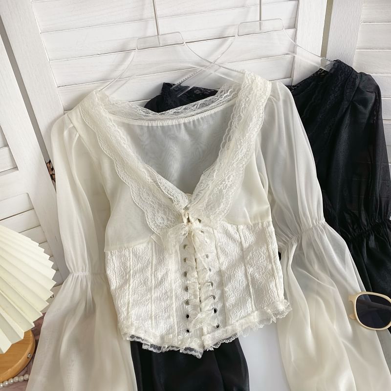 V-Neck Lace-Trim Bustier Blouse