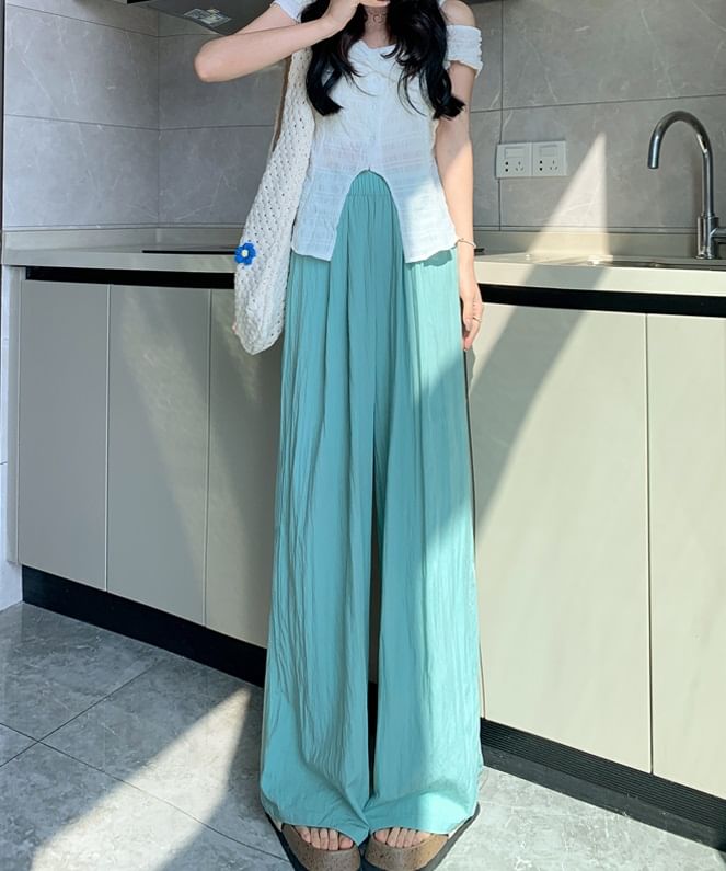 High Rise Plain Elastic Waist Wide Leg Pants