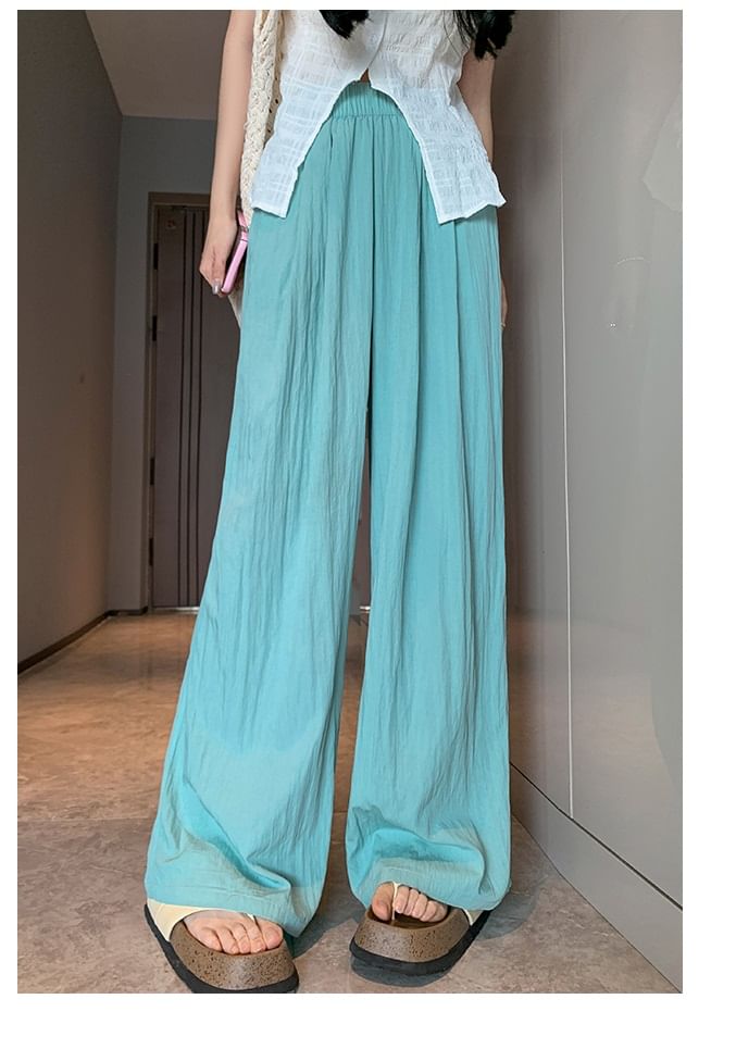 High Rise Plain Elastic Waist Wide Leg Pants