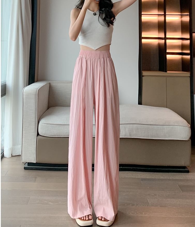 High Rise Plain Elastic Waist Wide Leg Pants