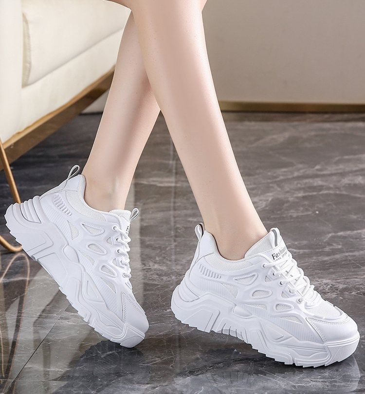 Mesh Panel Lace-Up Platform Sneakers