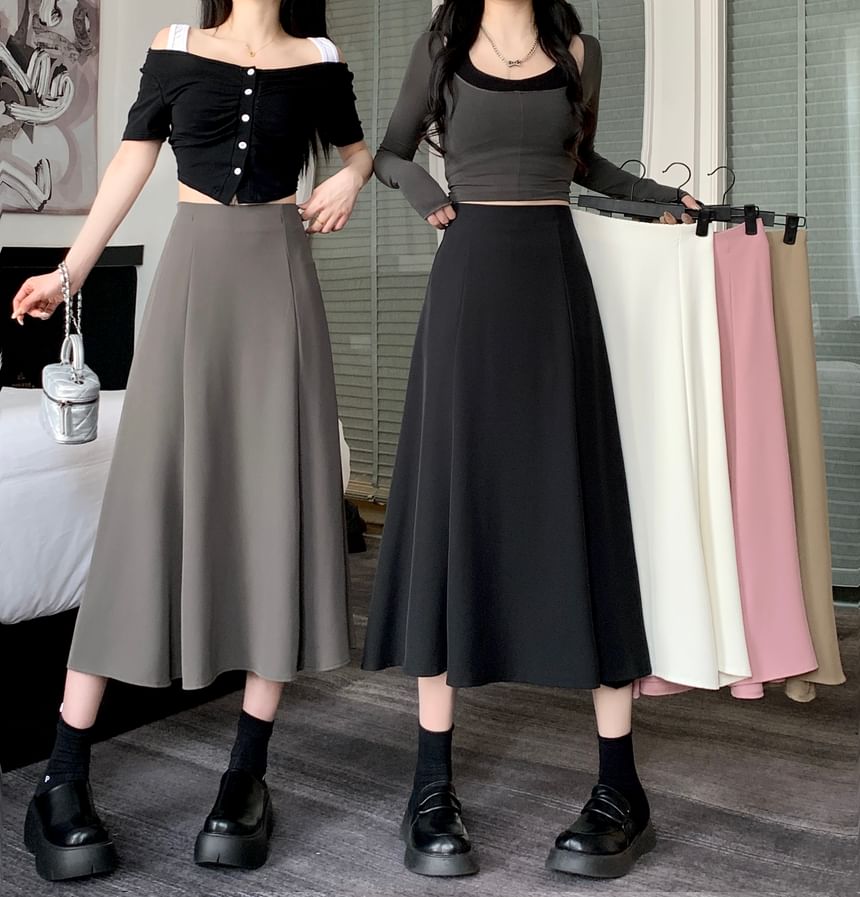 Plain A-Line Midi Skirt with High Rise