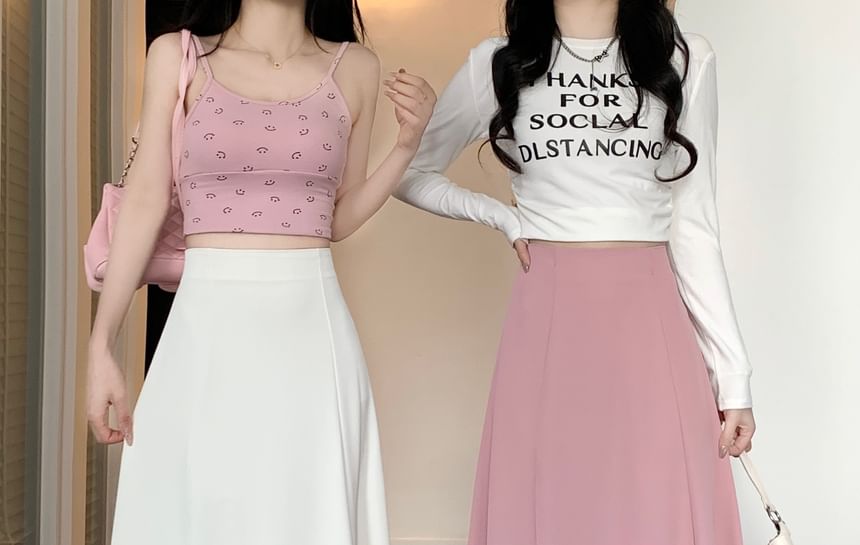 Plain A-Line Midi Skirt with High Rise