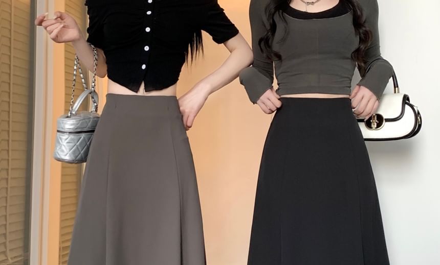 Plain A-Line Midi Skirt with High Rise