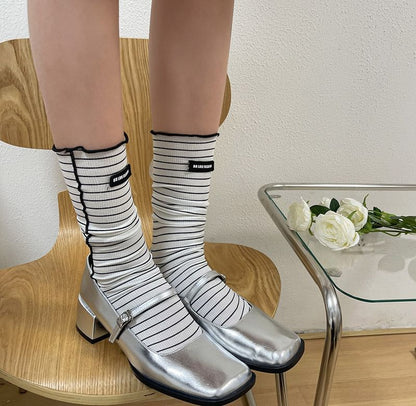 Striped Applique Lettuce Edge Socks