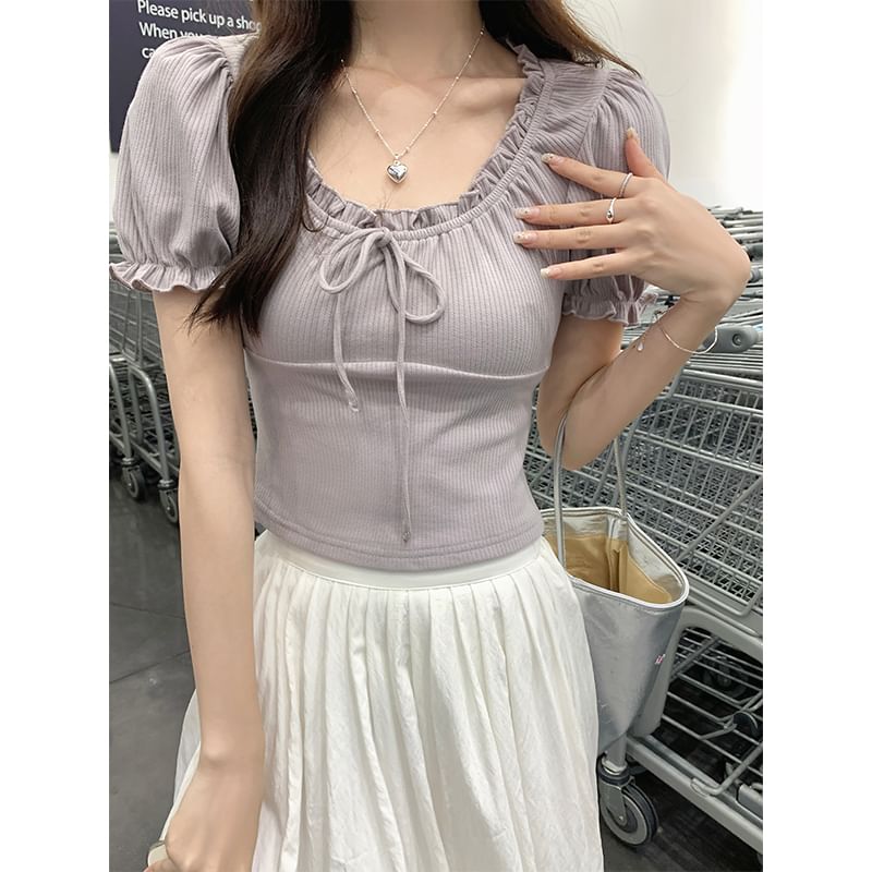 Puff-Sleeve Scoop Neck Plain Bow Tee