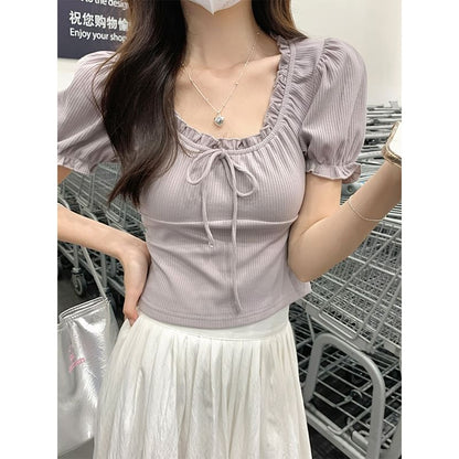 Puff-Sleeve Scoop Neck Plain Bow Tee