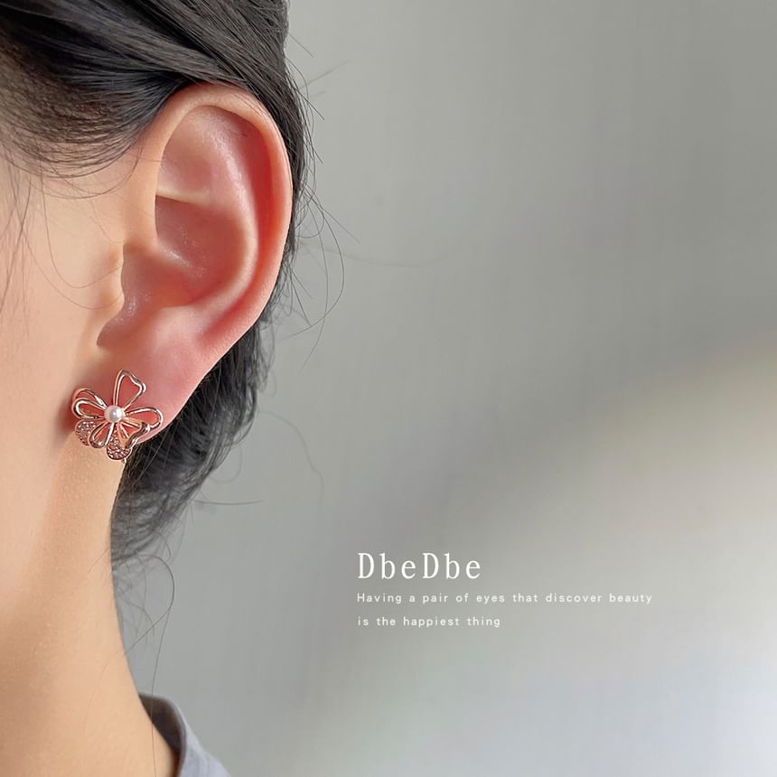 Floral Alloy Earring Pearl Faux Stud