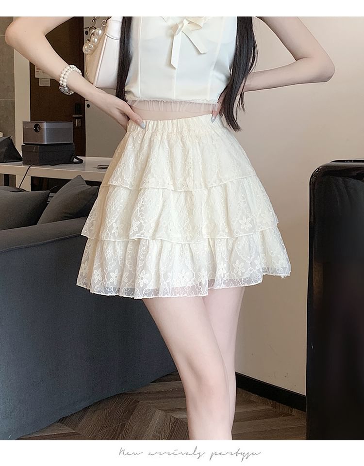 Lace Trim Tiered Mini Skirt with High Waist