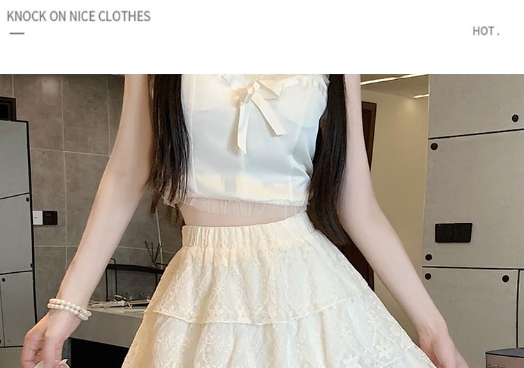 Lace Trim Tiered Mini Skirt with High Waist