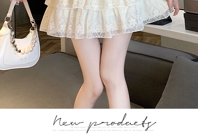 Lace Trim Tiered Mini Skirt with High Waist
