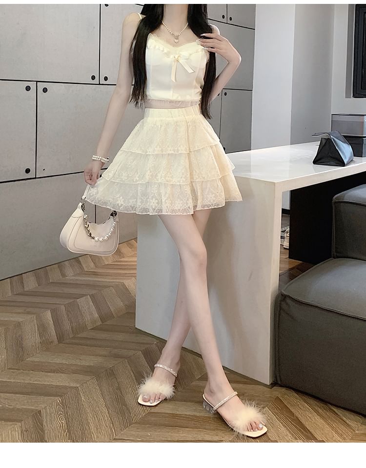 Lace Trim Tiered Mini Skirt with High Waist