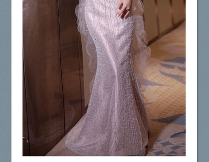 Off-Shoulder Sequin Mesh Panel Faux Pearl Accent Mermaid Evening Gown