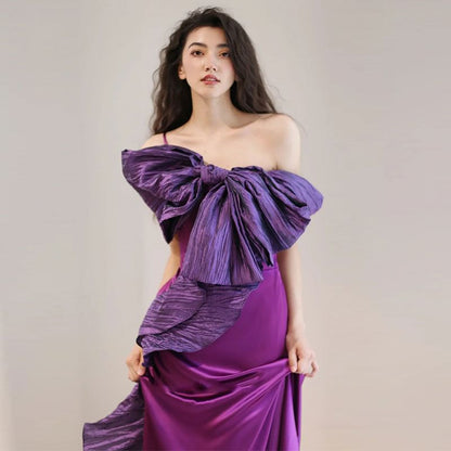 Spaghetti Strap One-Shoulder Two Tone Bow Accent Ruffle Trim A-Line Satin Evening Gown