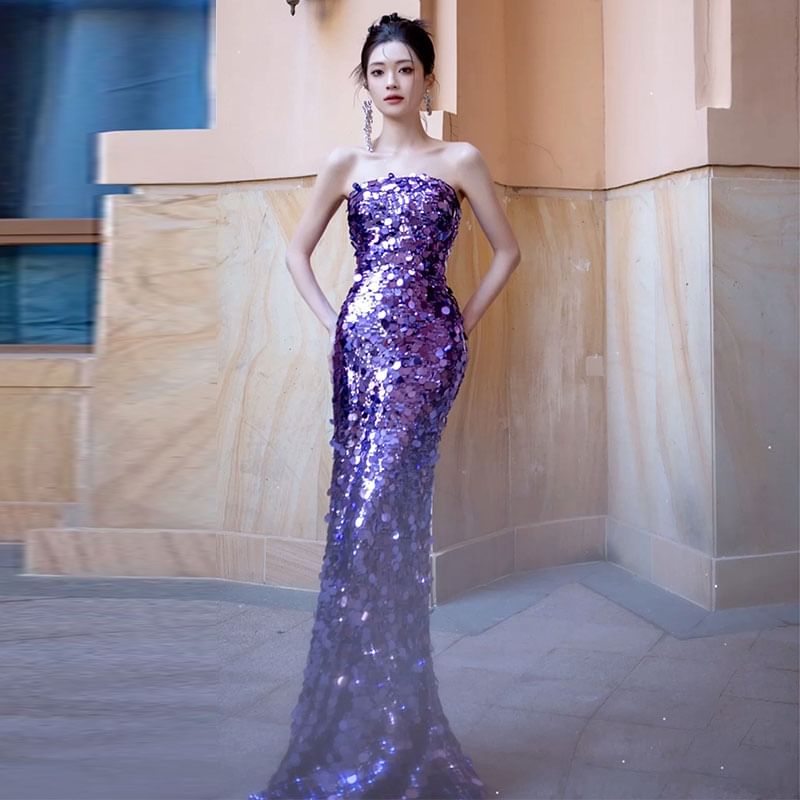 Strapless Plain Sequin Mermaid Evening Gown