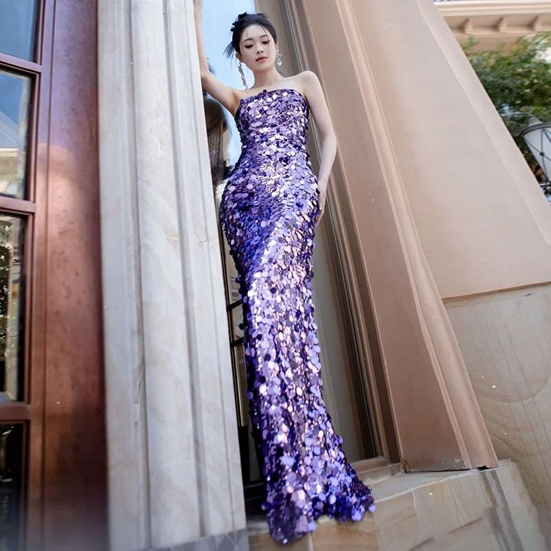 Strapless Plain Sequin Mermaid Evening Gown