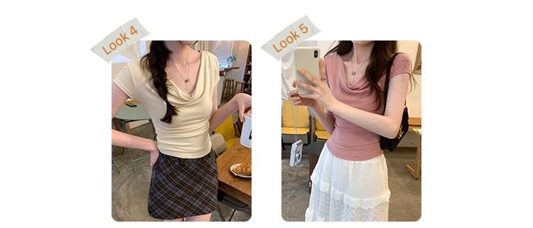 Ruched Plain Tee Short-Sleeve Crop Off-Shoulder