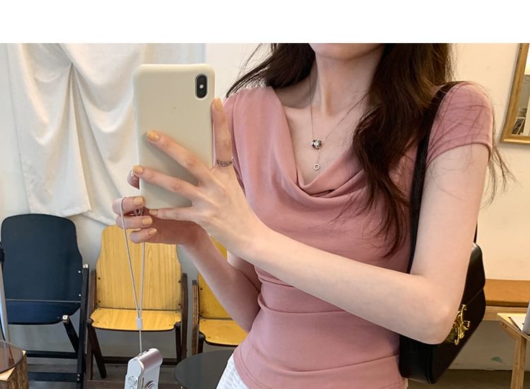 Ruched Plain Tee Short-Sleeve Crop Off-Shoulder