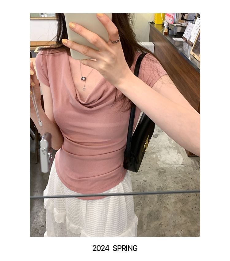 Ruched Plain Tee Short-Sleeve Crop Off-Shoulder