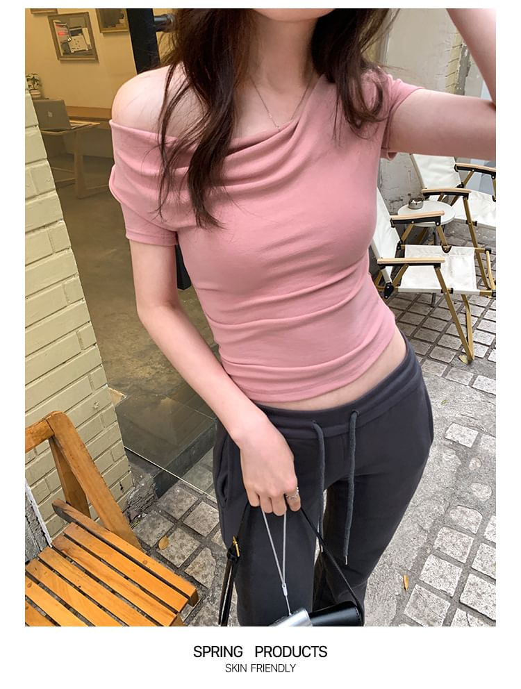 Ruched Plain Tee Short-Sleeve Crop Off-Shoulder