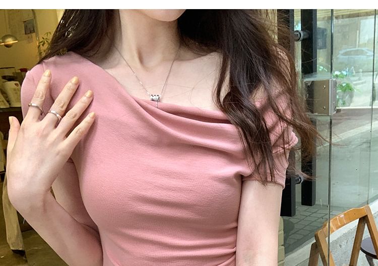 Ruched Plain Tee Short-Sleeve Crop Off-Shoulder