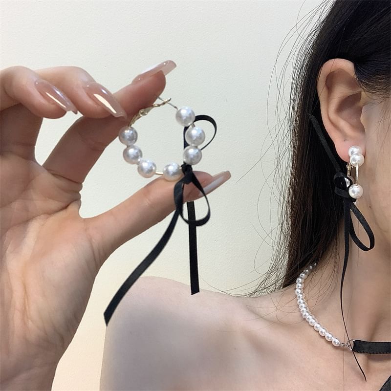 Choker Bow Earring / Pearl Hoop Faux
