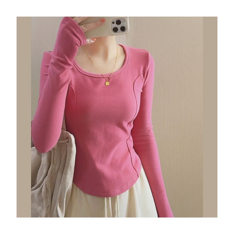 T-Shirt Long-Sleeve Scoop Plain Asymmetrical Neck
