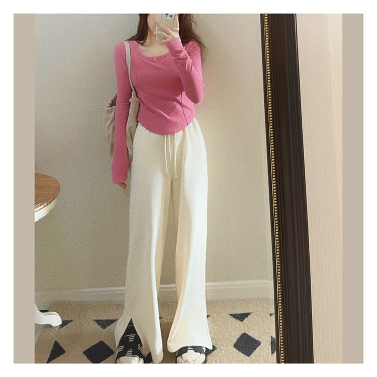 T-Shirt Long-Sleeve Scoop Plain Asymmetrical Neck