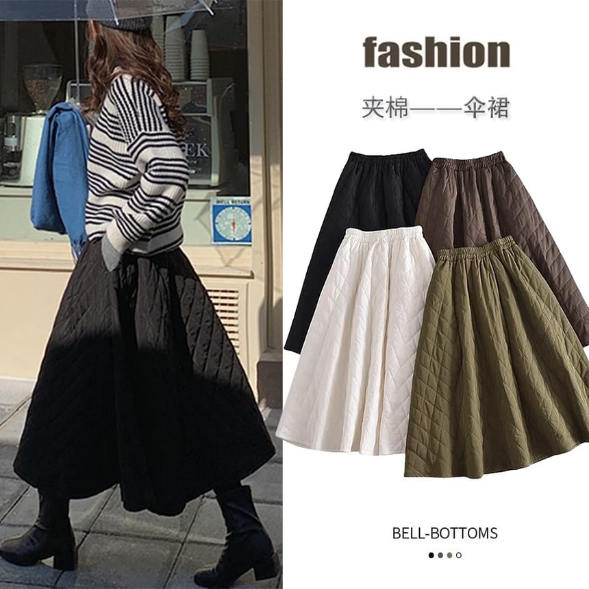 Quilted A-Line Midi Skirt with High Rise