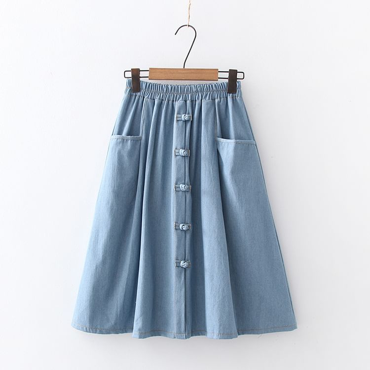 Buttoned Denim A-Line Midi Skirt with Elastic Waist