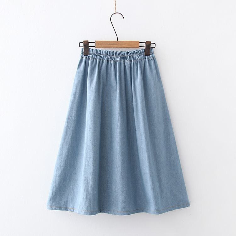 Buttoned Denim A-Line Midi Skirt with Elastic Waist