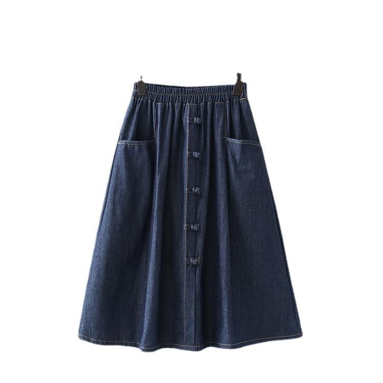 Buttoned Denim A-Line Midi Skirt with Elastic Waist