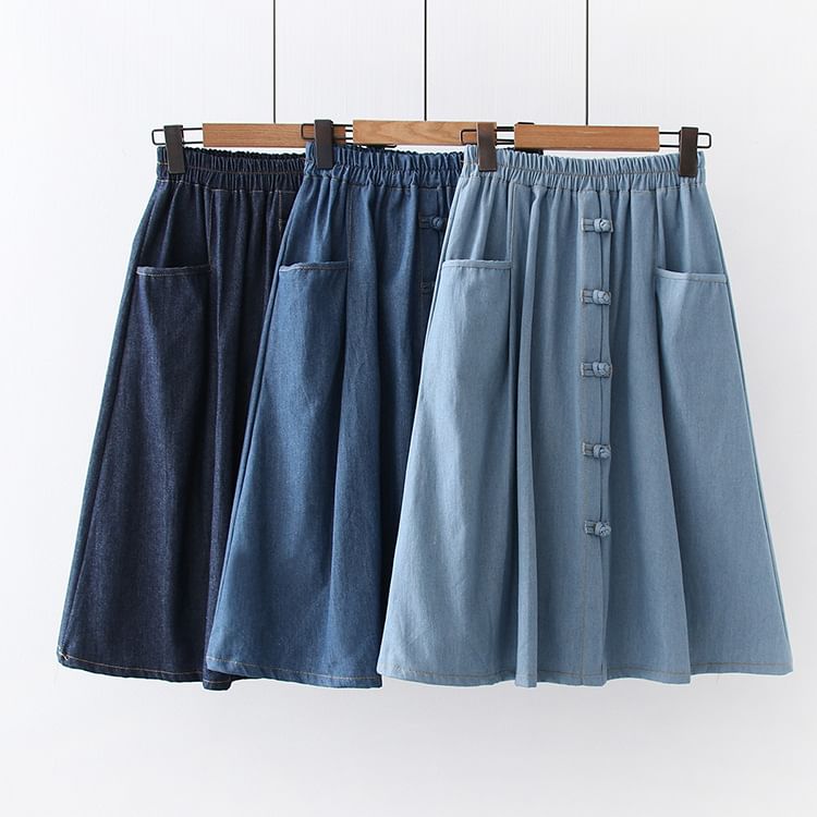 Buttoned Denim A-Line Midi Skirt with Elastic Waist