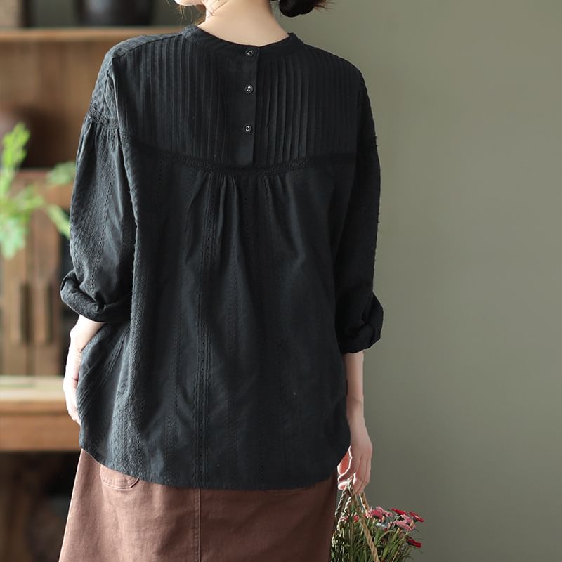Crew-Neck Eyelet Lace Pintuck Panel Long-Sleeve Blouse