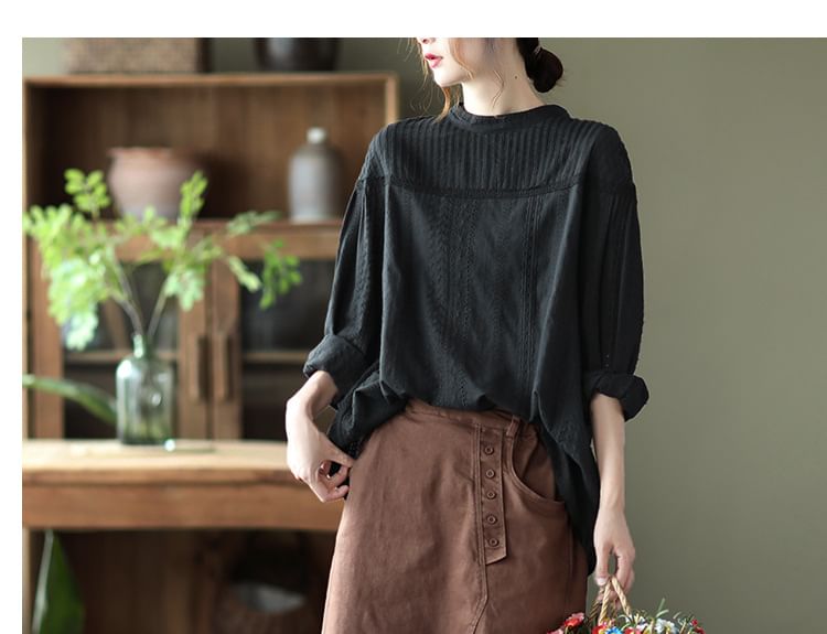 Crew-Neck Eyelet Lace Pintuck Panel Long-Sleeve Blouse
