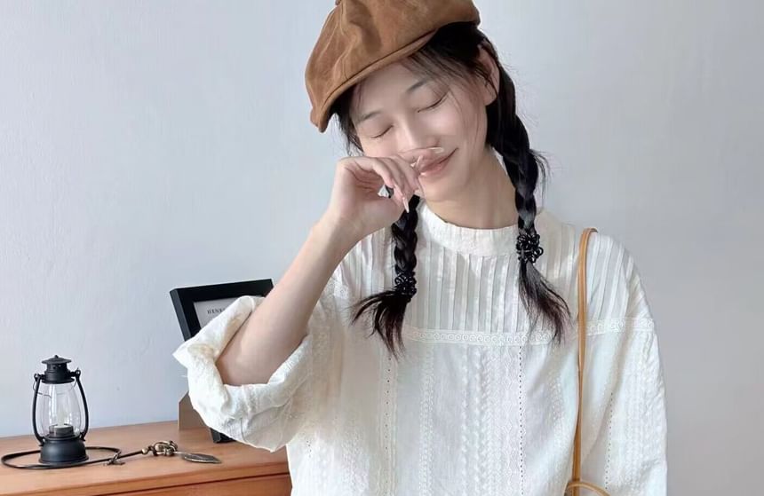 Crew-Neck Eyelet Lace Pintuck Panel Long-Sleeve Blouse