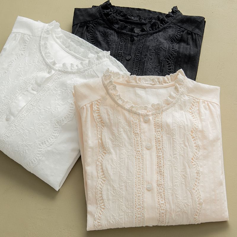 Stand-Collar Lace-Trim Button-Up Long-Sleeve Blouse