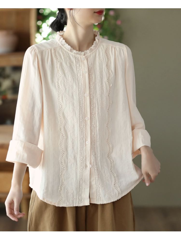 Stand-Collar Lace-Trim Button-Up Long-Sleeve Blouse