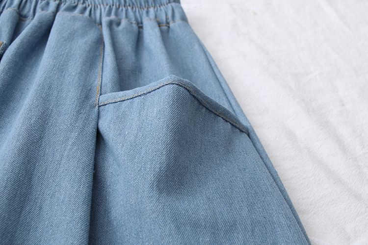 Buttoned Denim A-Line Midi Skirt with Elastic Waist
