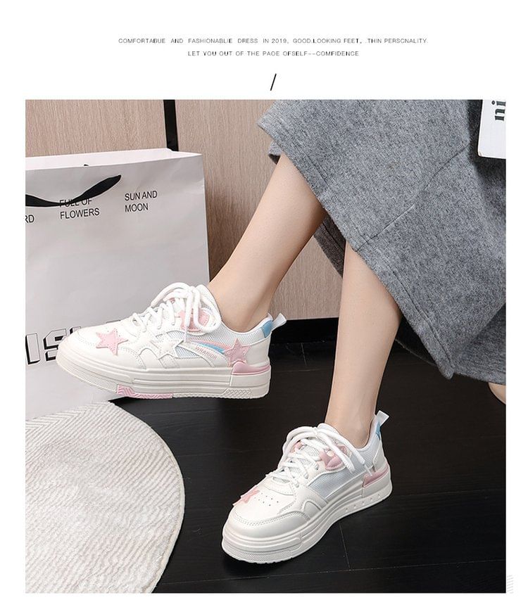 Platform Star Applique Panel Mesh Sneakers