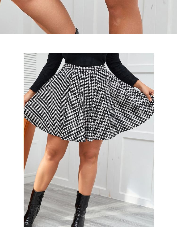 Houndstooth A-Line Mini Skirt with High Rise - Plus Size